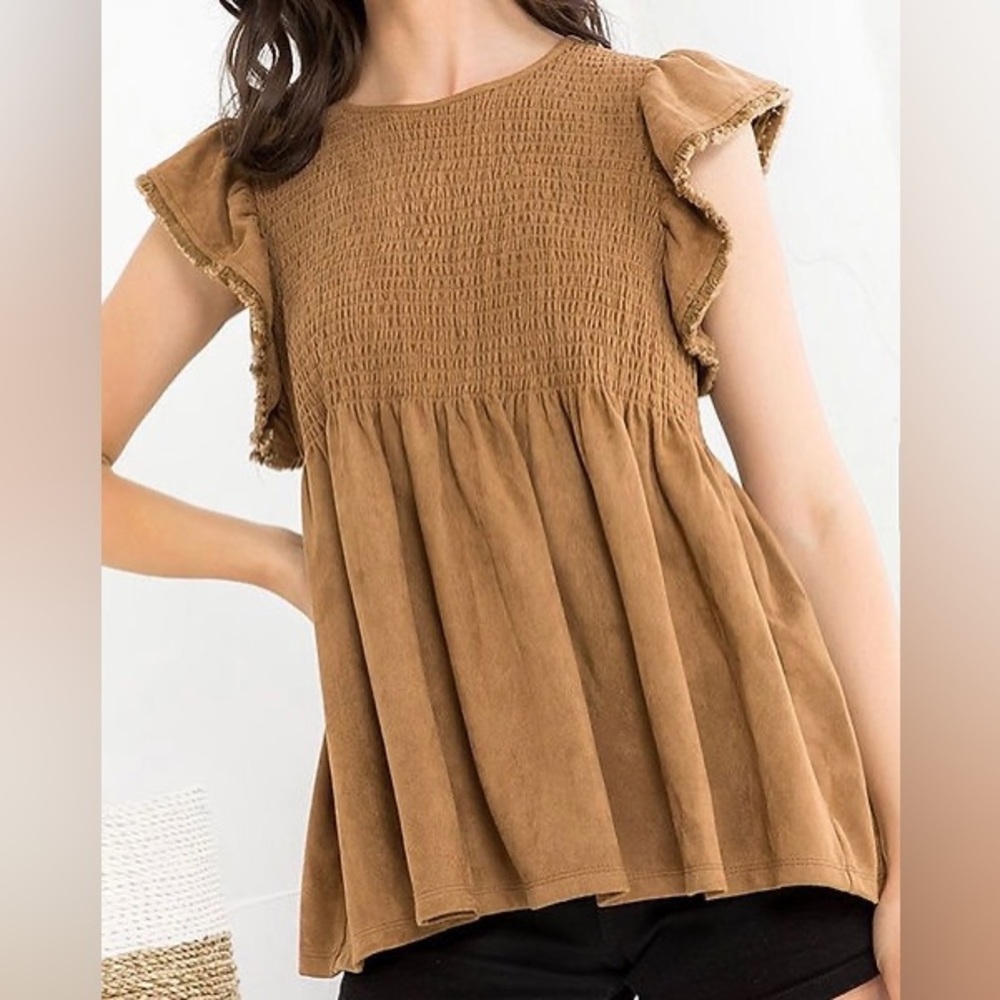 NWT THML Anthropologie Faux Suede Dessert Babydoll Top XS